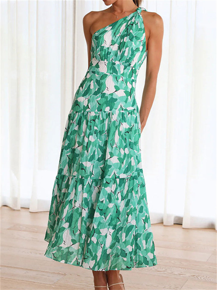 Summer Comfortable Casual Women's Print Sleeveless Personality Sloping Shoulder Swing High Waist Long Dress Dress
