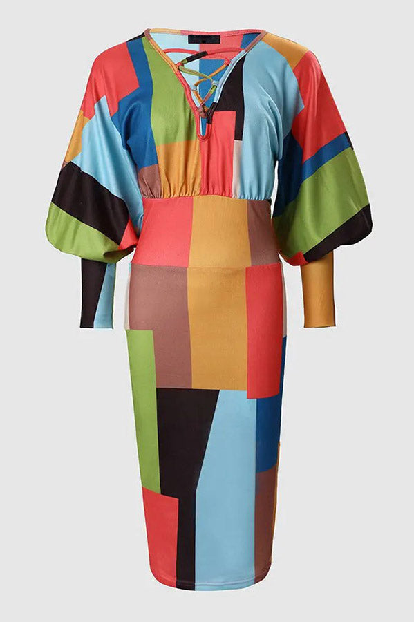 Malani Color Block Lantern Sleeve Midi Dress