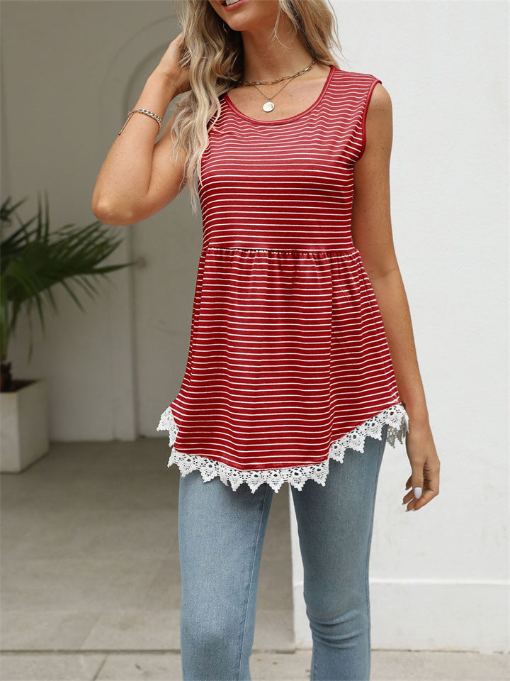 Summer New Slim Type Striped Lace Splicing Strapless Sleeveless Stretchy Pullover Undershirt Tops Comfortable Casual Women
