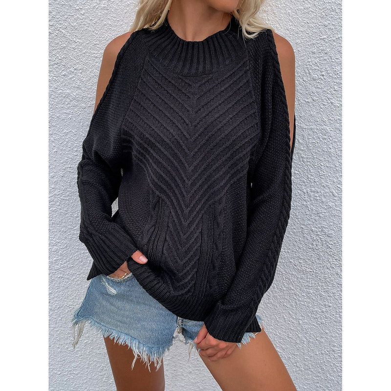 Cold Shoulder Round Neck Cable Knit Sweater