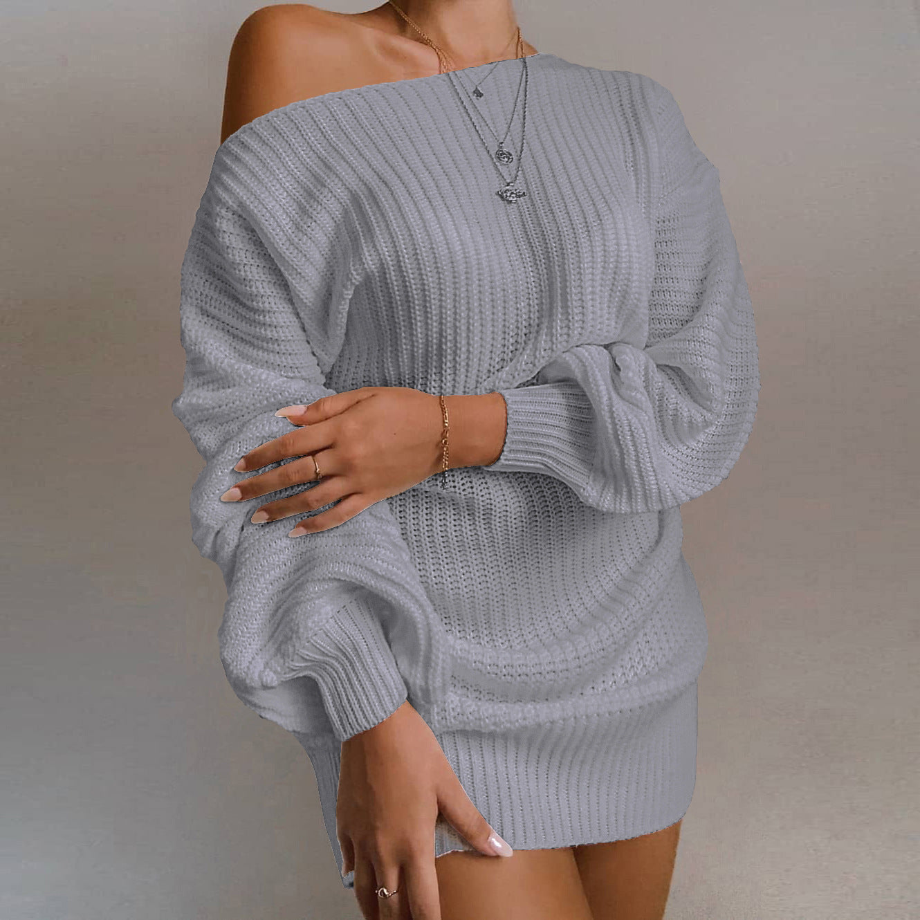Round Neck Long Sleeve Solid Knitted Mini Dress