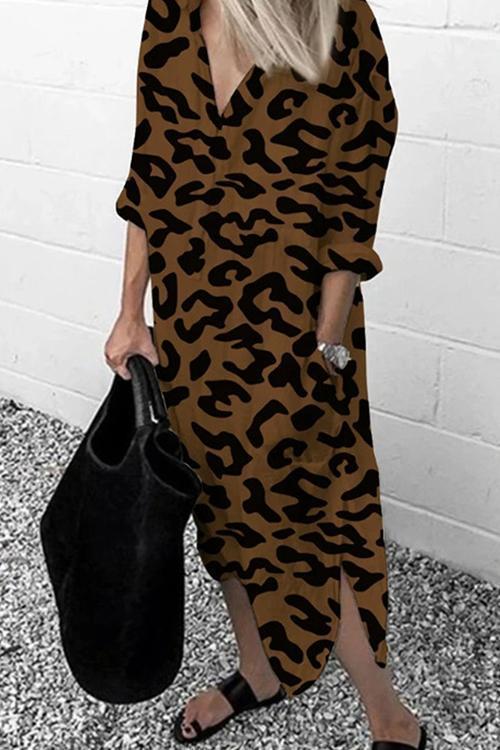 V Neck Side Split Leopard Long Dress