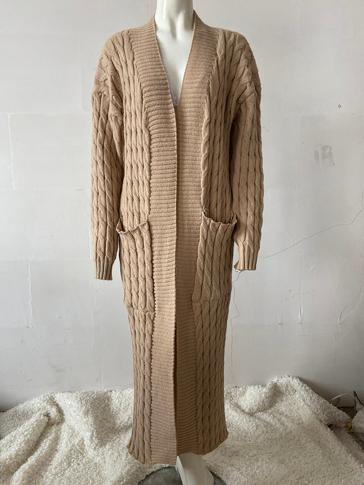 Open Front Pocketed Knitted Maxi Cardigan Sweater