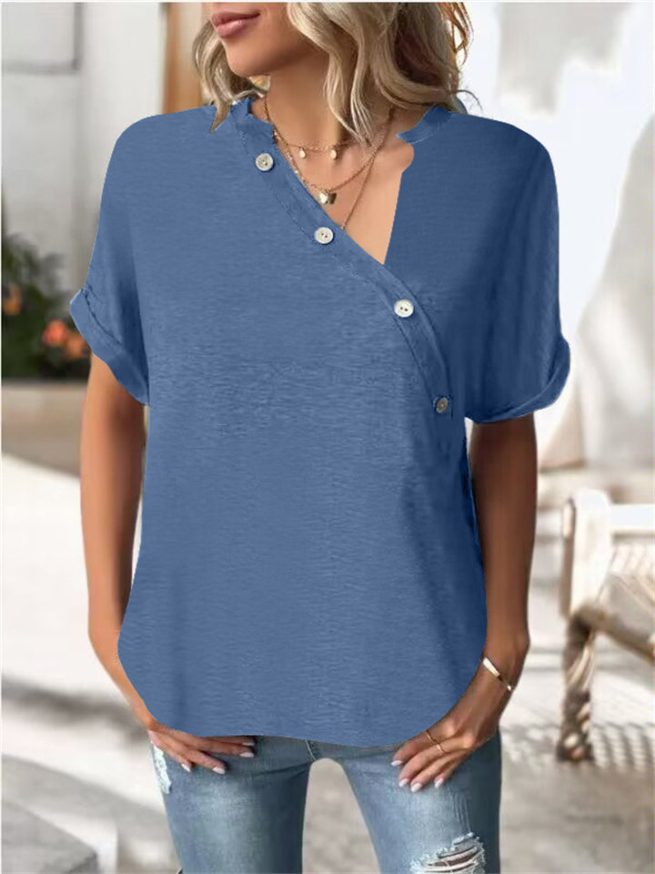 Spring and Summer Women's New V-neck Tops Solid Color Diagonal Twist Button Fashion Loose Type Short-sleeved Women