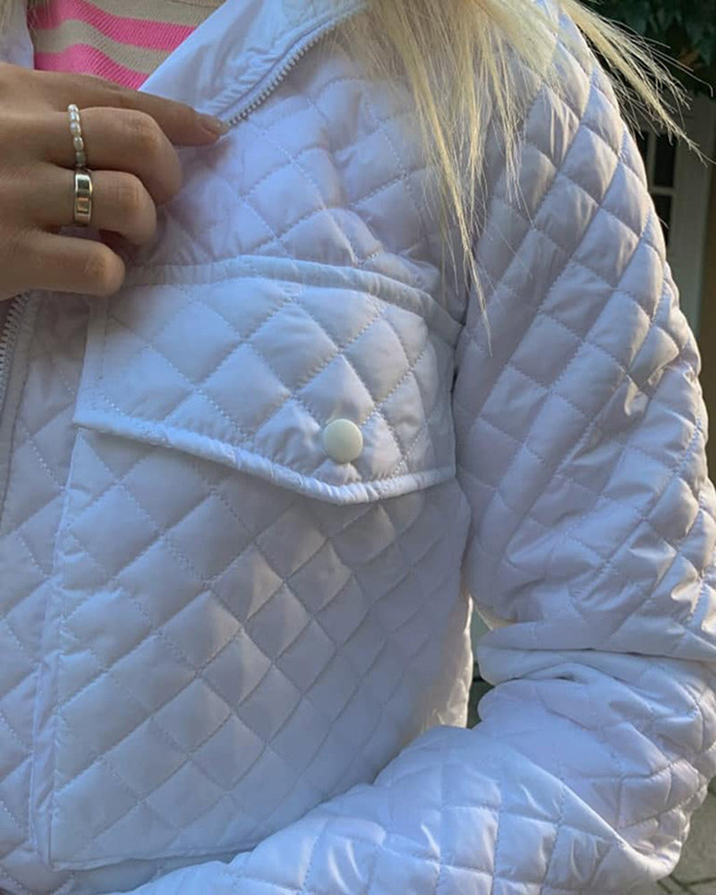 Argyle Quilted Zip Up Flap Pocket Jacket