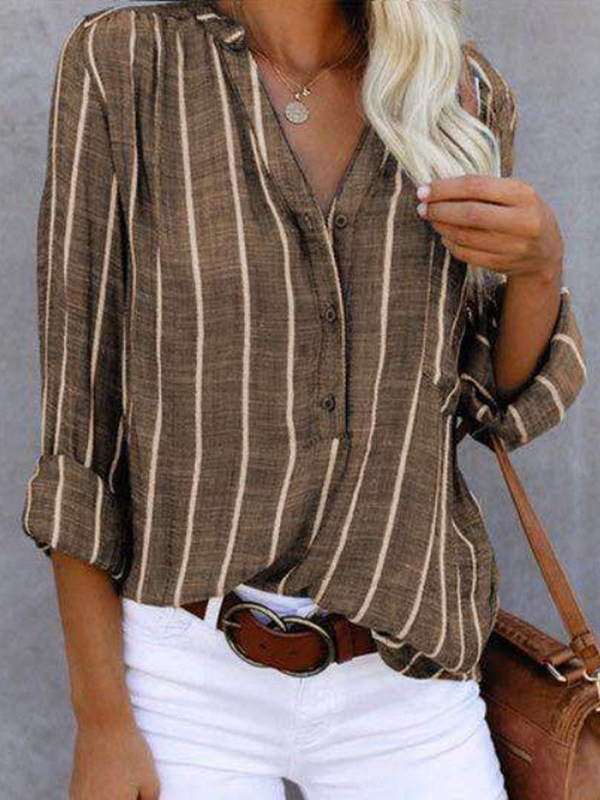 Casual Striped Long Sleeve V-Neck Buttoned Shirt