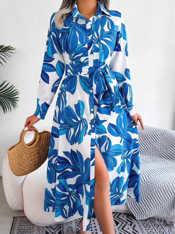 Stylish Fashionable Contrasting Floral Lapel Midi Dress