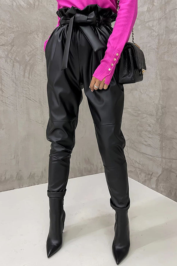 The Dash Petal Waist Pocketed Faux Leather Pants