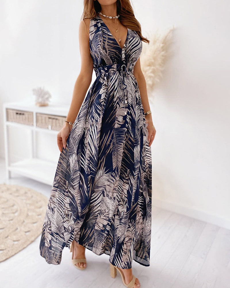 Floral Print V-Cut Back Tie Waist Maxi Dress