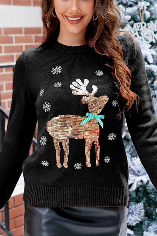 Cute Christmas knitted sweater with deer embroidery