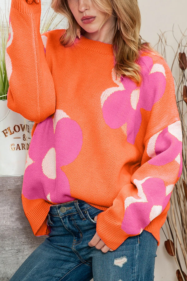 Pink & Orange Floral Cable Knitted Sweater