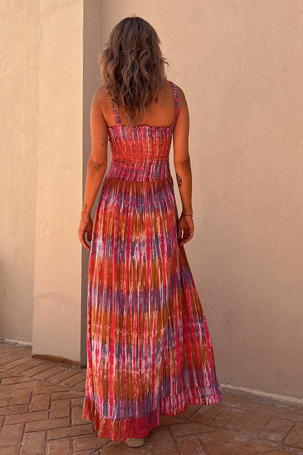 Liliana Tie-dye Print Smocked Ruffle Slit Maxi Dress