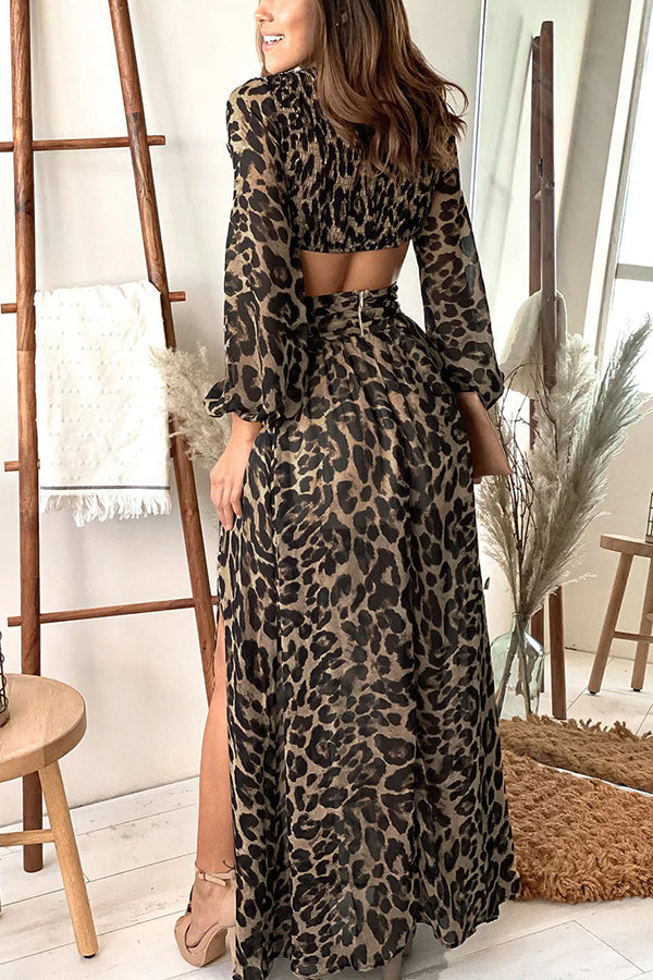 Vallarta Leopard Back Smocked Cutout Waist Maxi Dress
