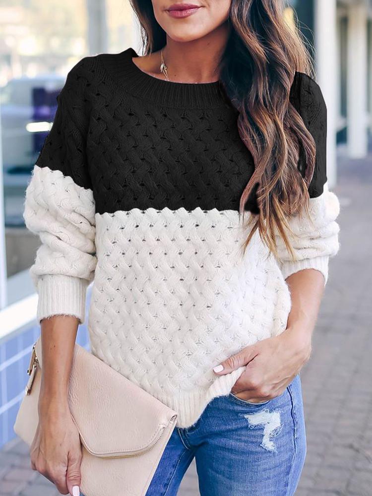 Hollow Round Neck Matching Color Sweater