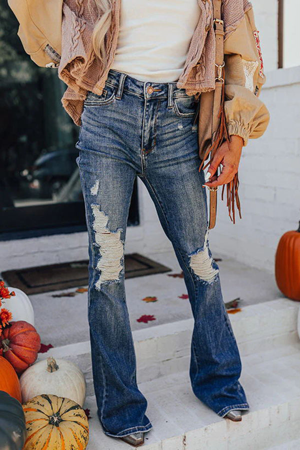 Perfect Fall Piece High Waist Pocket Distressed Flare Stretchy Jeans