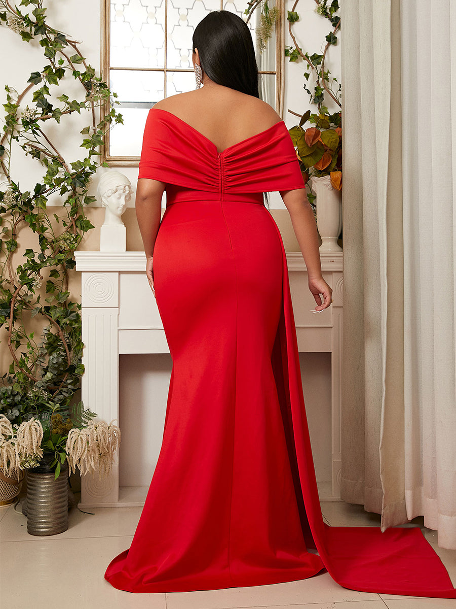 Plus Size Off Shoulder Cap Sleeve Ribbon Red Prom Dress PXJ1286