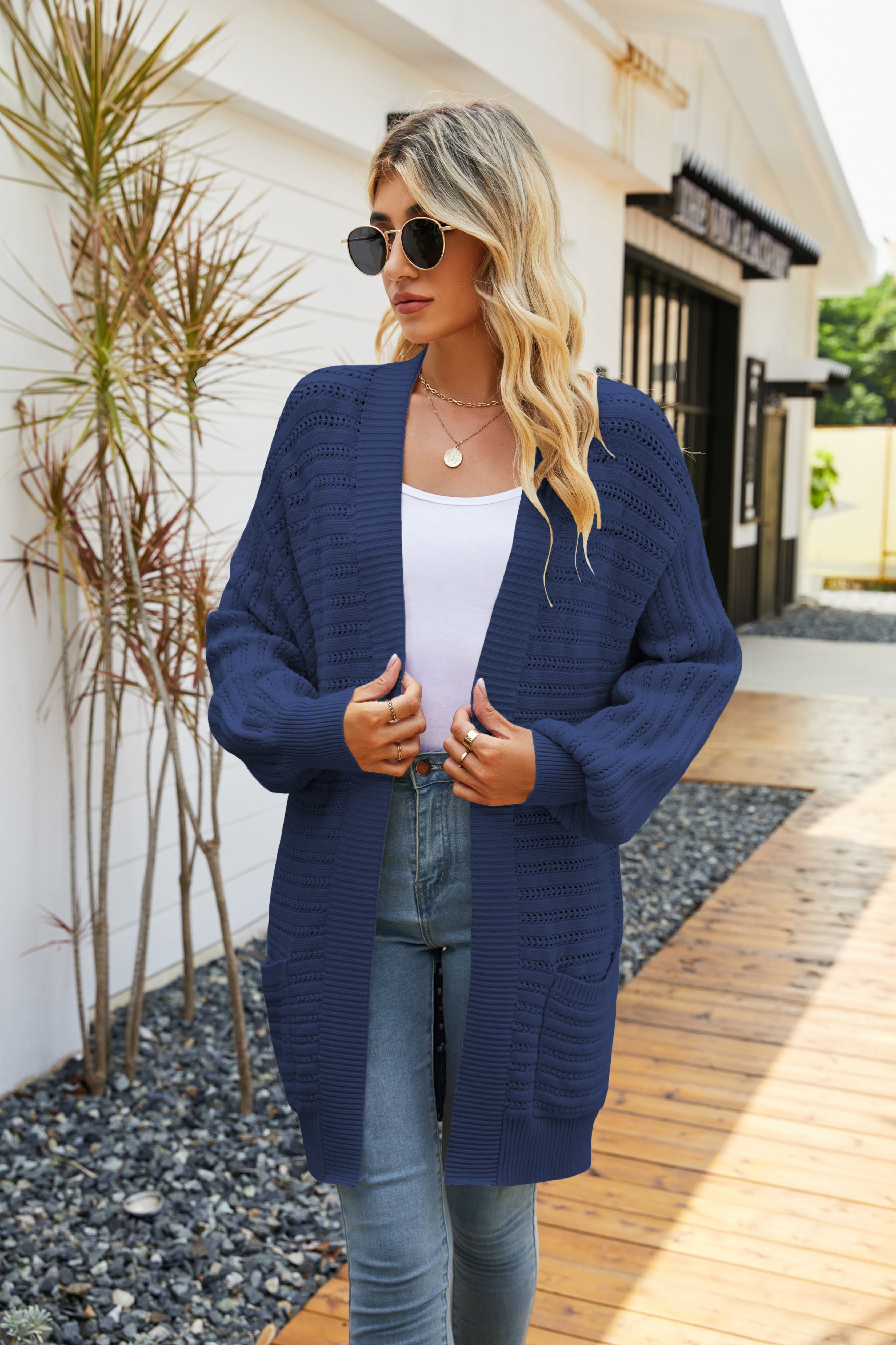 Open Front Pocketed Long Sleeve Knitted Solid Cardigan