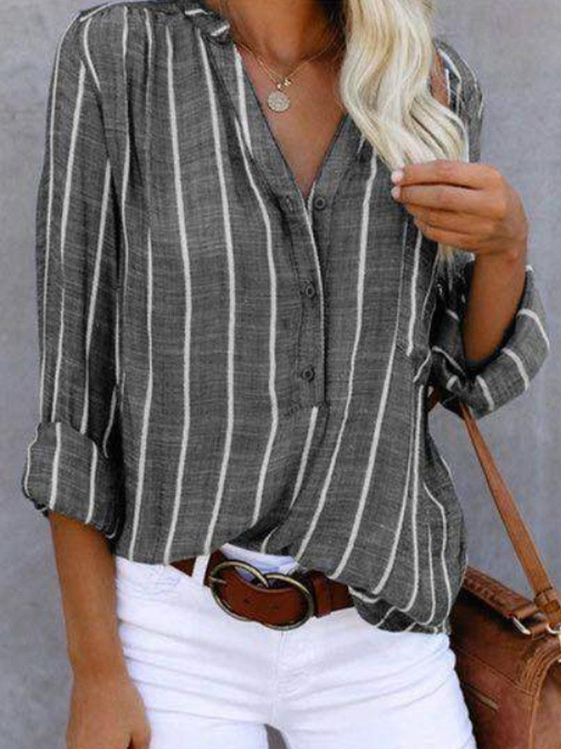 Casual Striped Long Sleeve V-Neck Buttoned Shirt