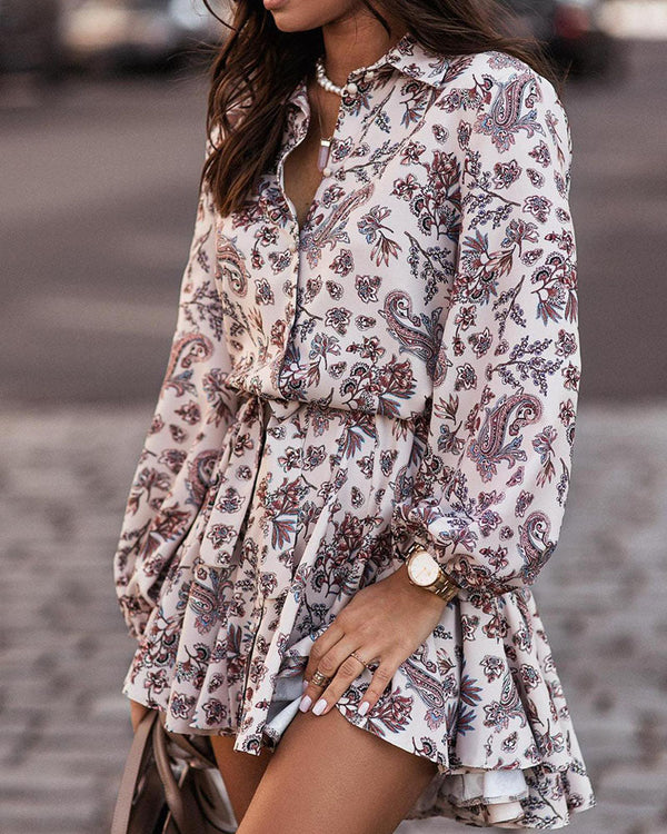 Allover Print Button Front Pleated Shirt Dress