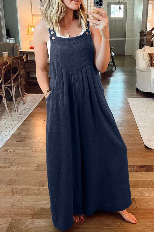 Buttons Pockets Wide Leg Palazzo Overalls