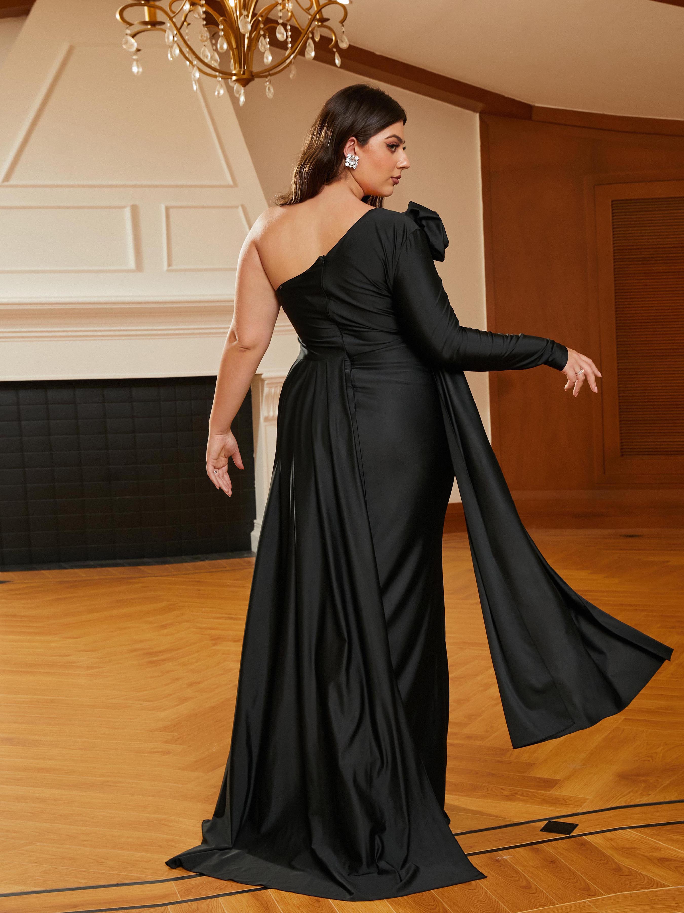 Plus Size One Shoulder Draped Knit Black Formal Dress PRJ10983