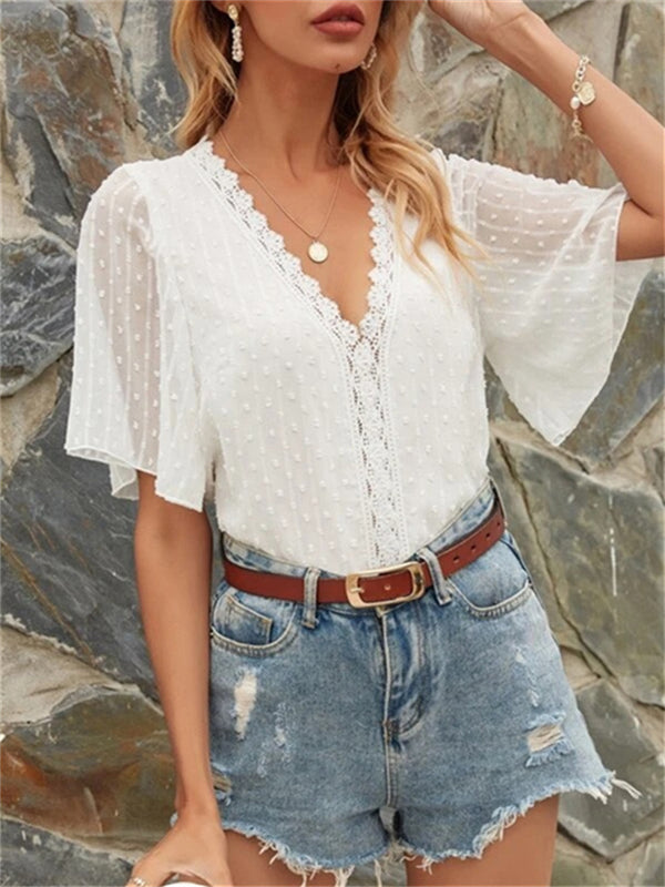 Summer Preferential Chiffon Loose Solid Color Small Point Chiffon Fir Loose Type Pullover V-neck Lace T-shirt Butterfly Sleeve Tops for Women