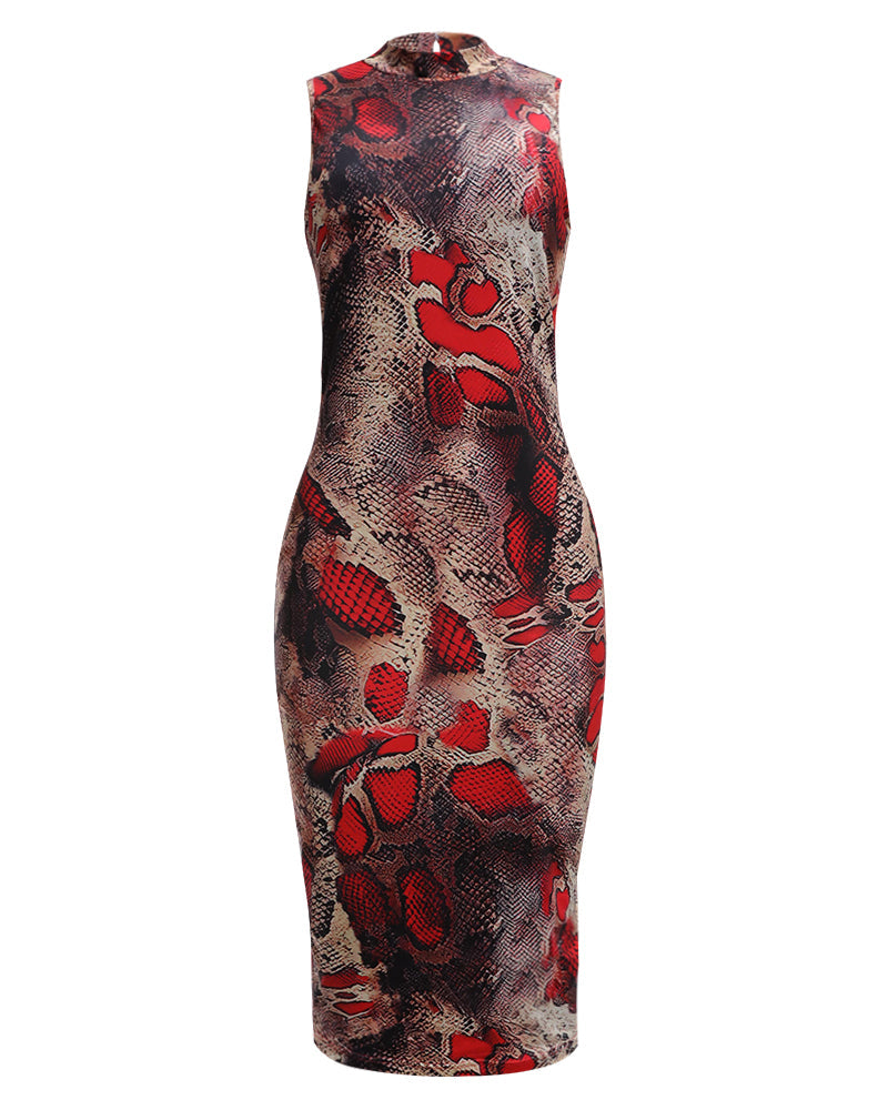 Allover Print Form Fitted Sleeveless Midi Dress