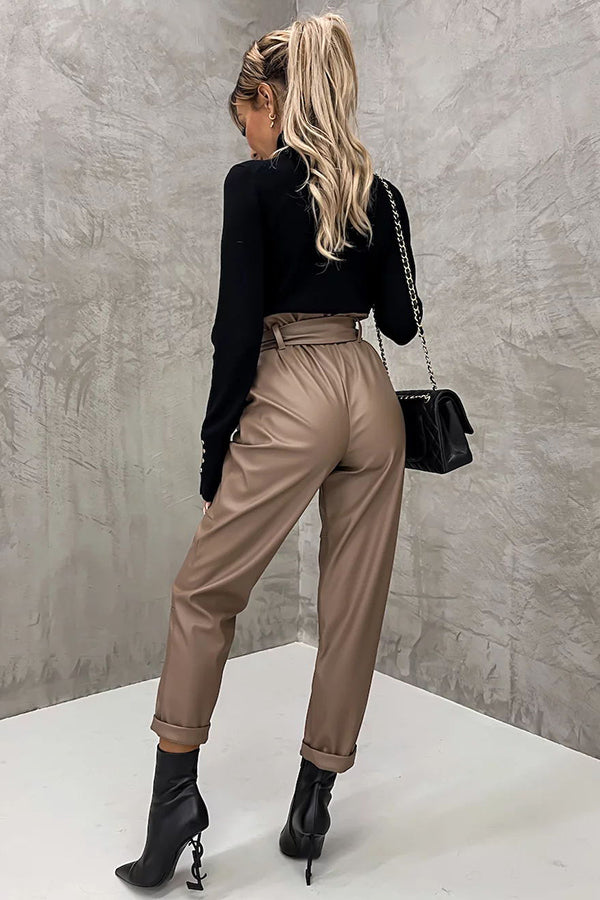 The Dash Petal Waist Pocketed Faux Leather Pants