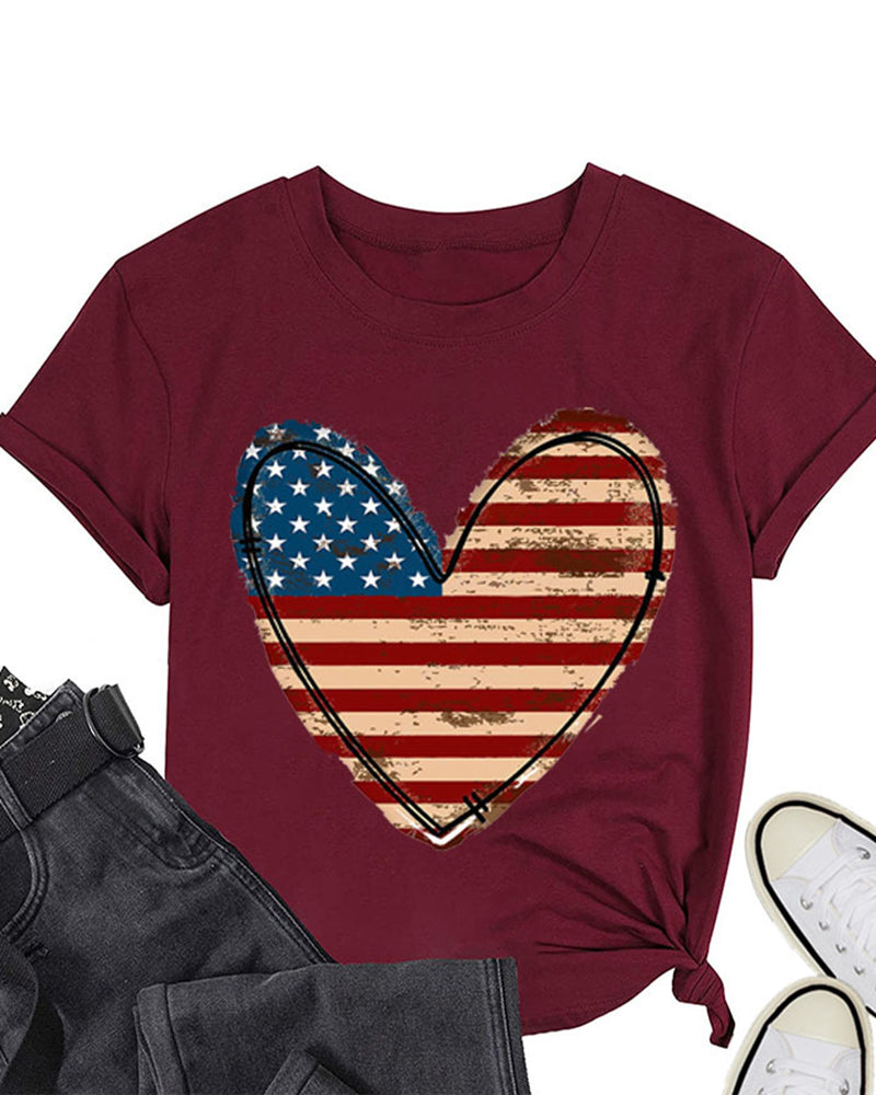 American Flag Heart Print Short Sleeve T-shirt