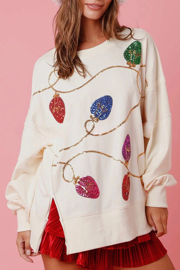 Christmas Lights Sequin Slit Pullover Sweatshirt