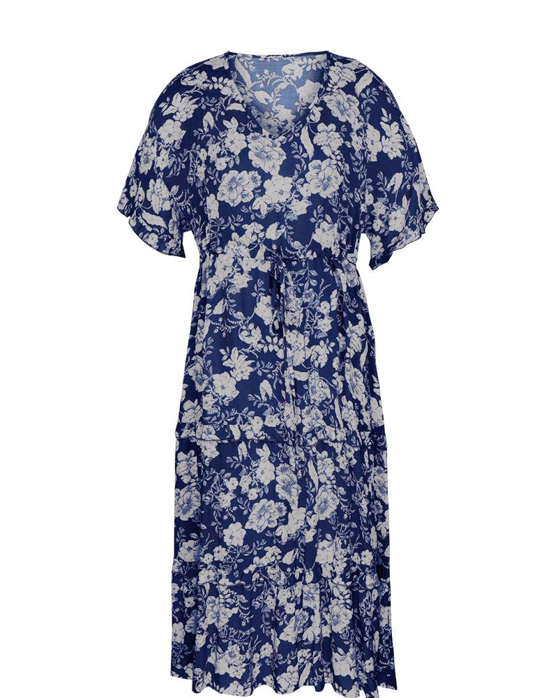 Short Sleeve Floral Midi V Neck Dress
