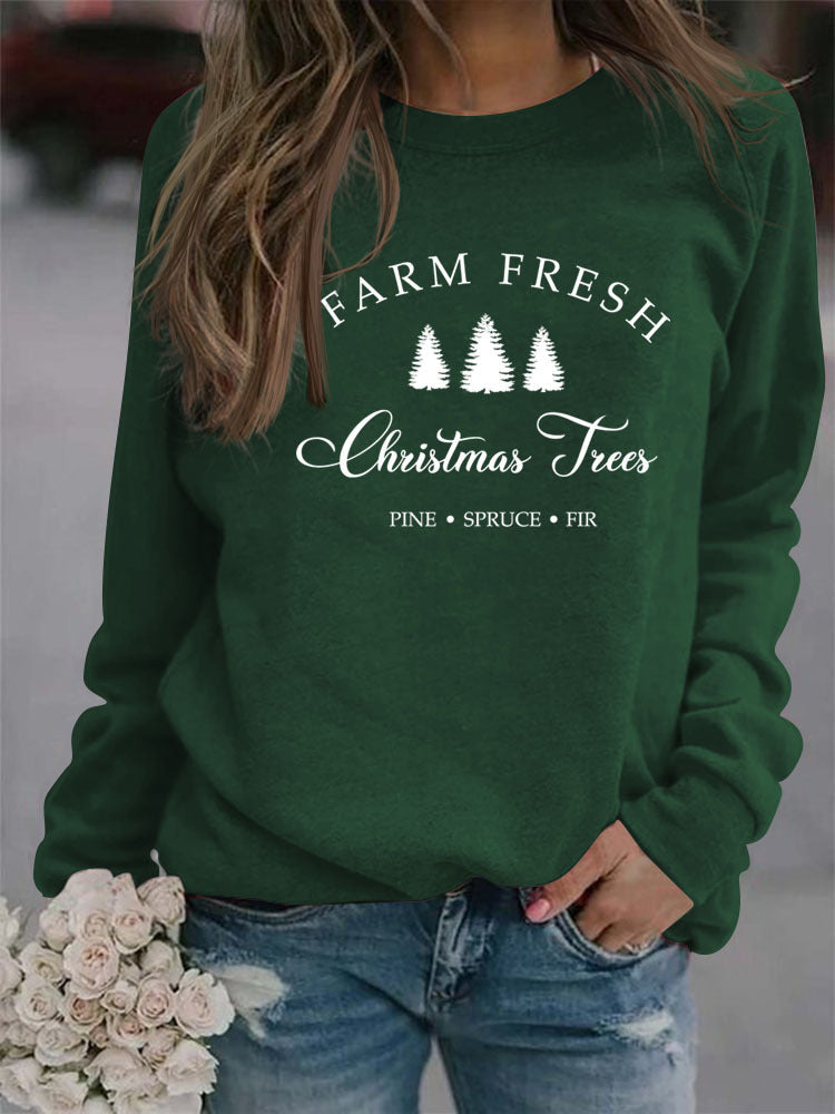 Crew Neck Solid Color Christmas Tree Printed Sweatshirt