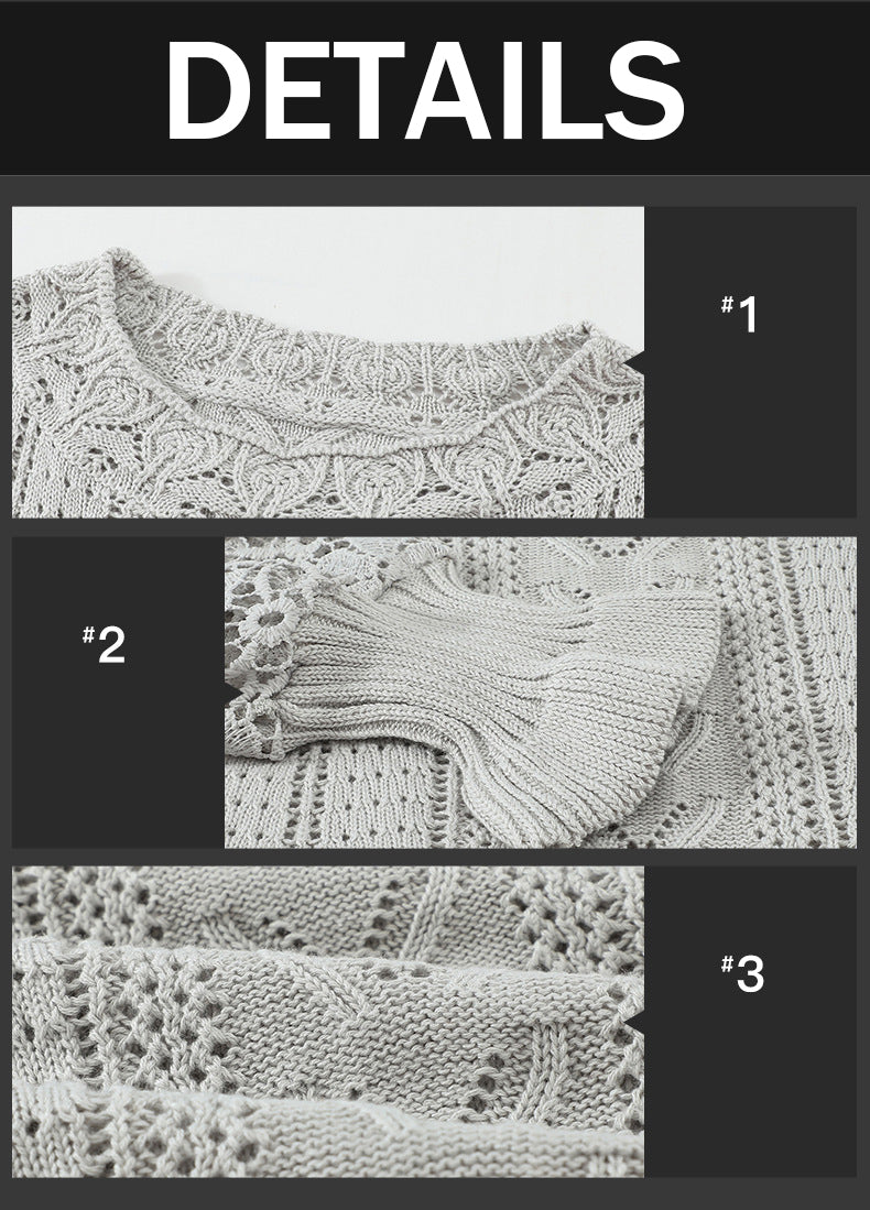 Lace Knit Long Sleeve Solid Color Loose Sweater