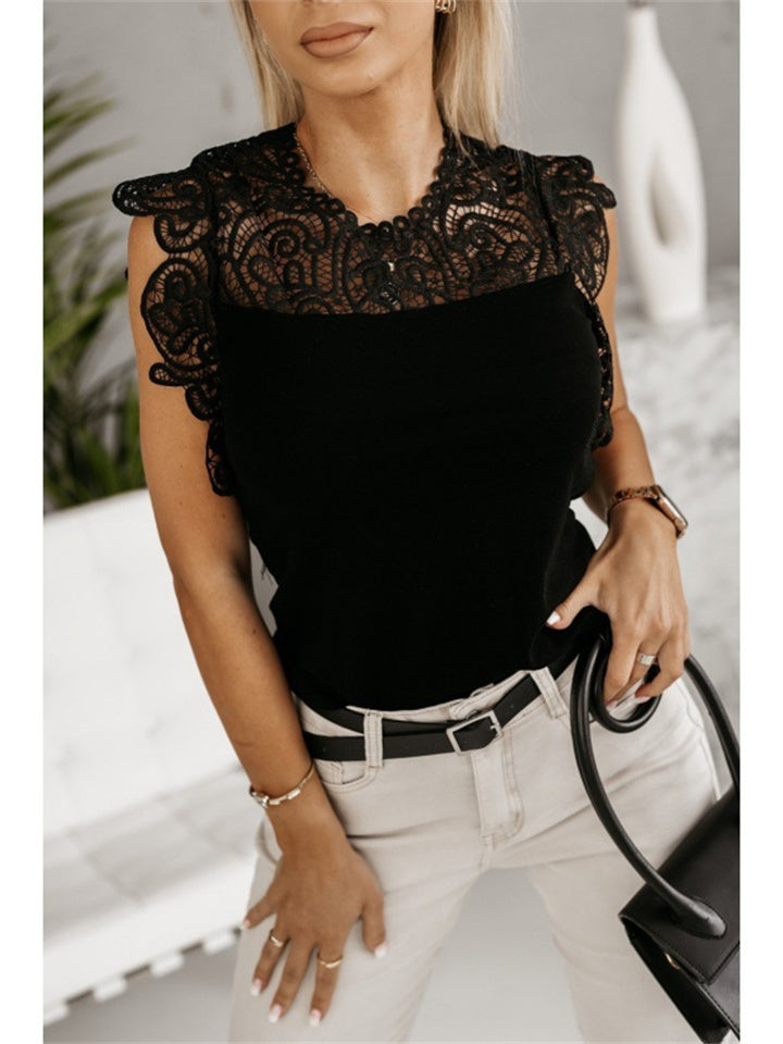 New Lady Sweet Lace Lace Shoulder Ruffle Collar Solid Color Slim Type Sexy Style Hollow Sleeveless Lace Pullover T-shirt
