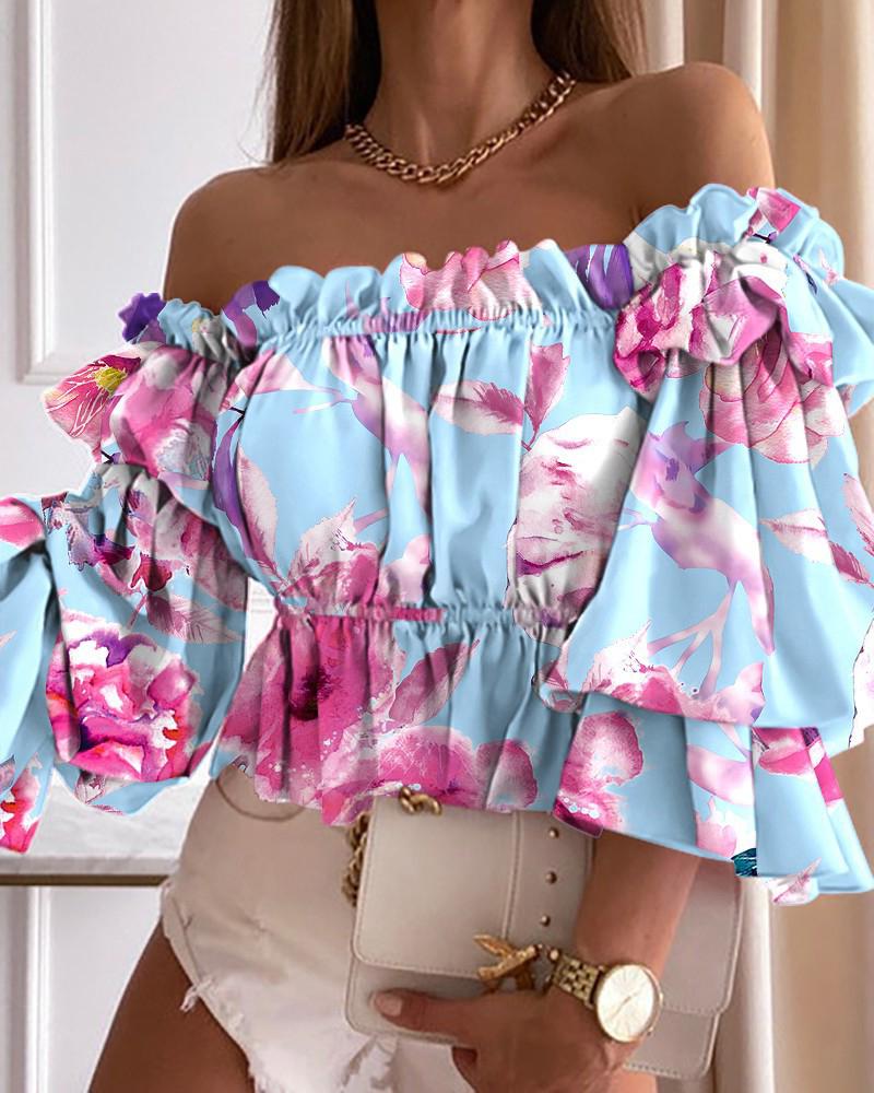 Allover Print Layered Ruffle Trim Ruched Bust