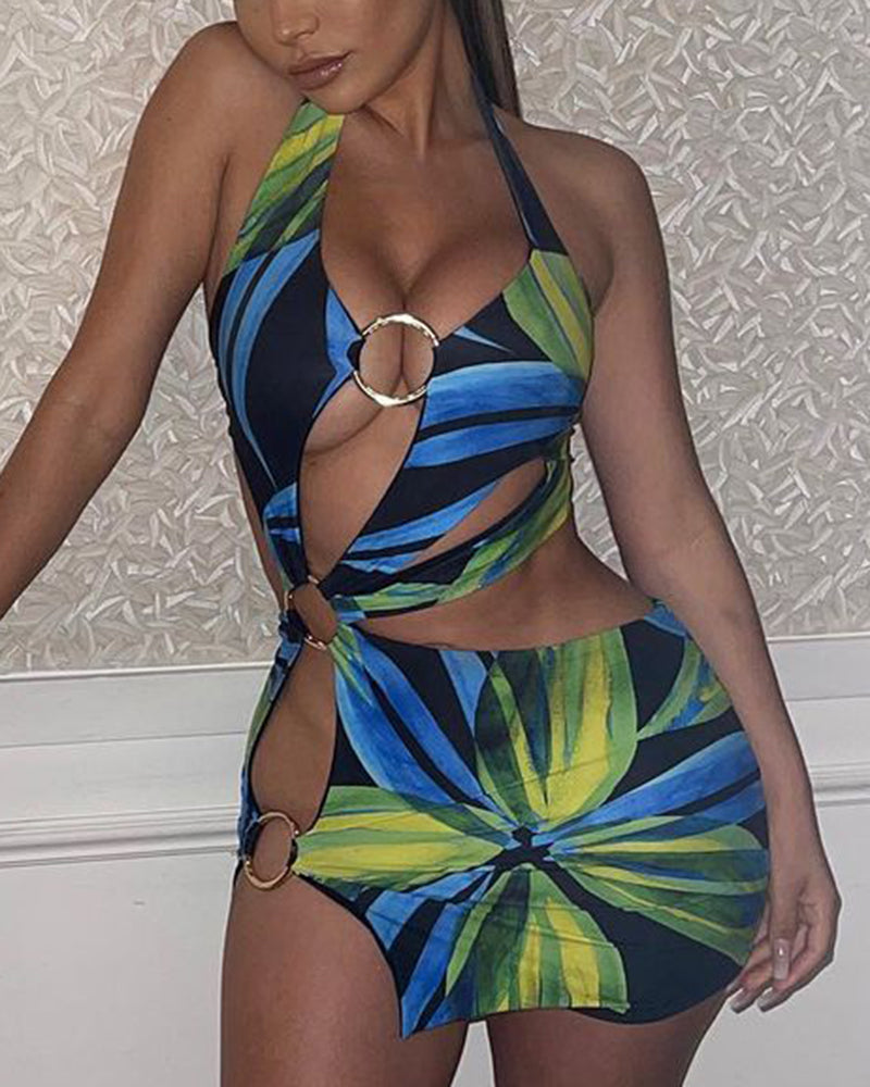 Allover Print Ring Linked Hollow Out One Piece Swimsuit
