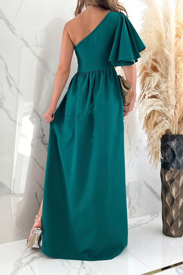 A Point In Time One Shoulder Ruffle Slit Maxi Dress