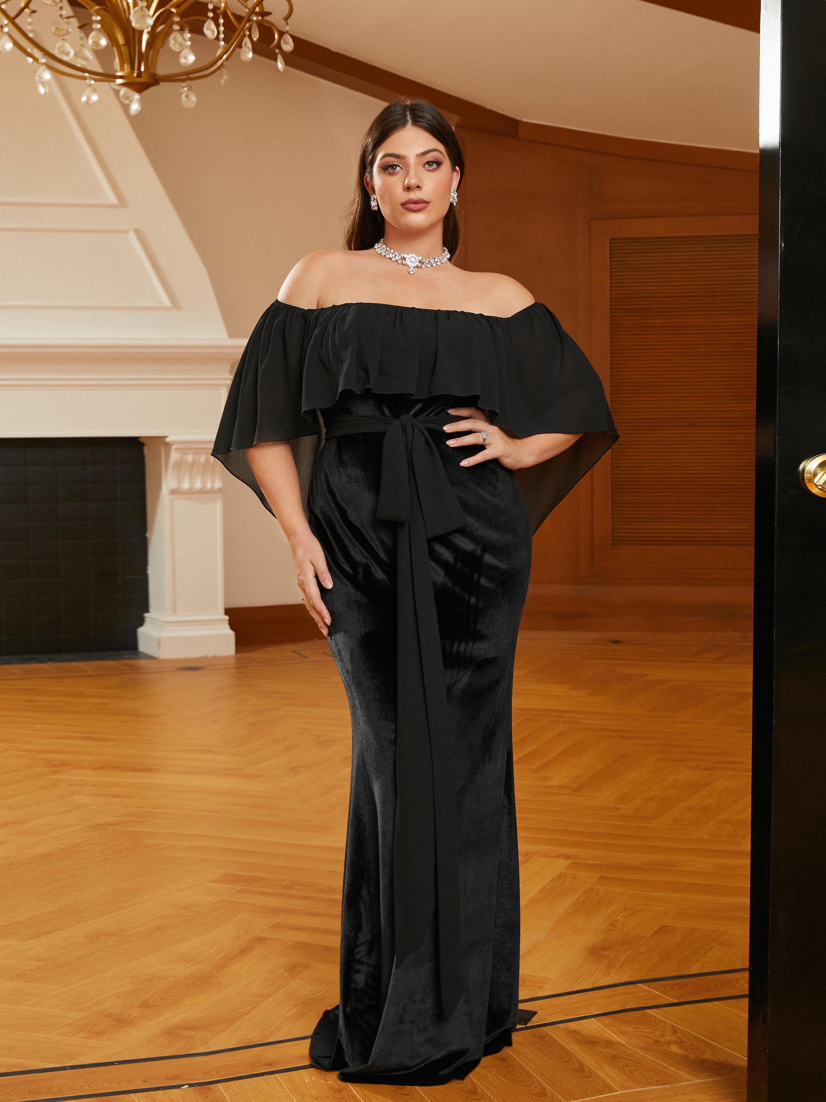 Plus Size Off Shoulder Velvet Black Evening Dress PRM20805