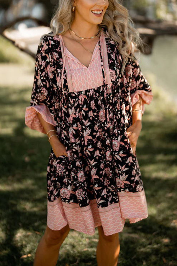 Trisha Bohemian Print Balloon Sleeve Pocketed Babydoll Mini Dress