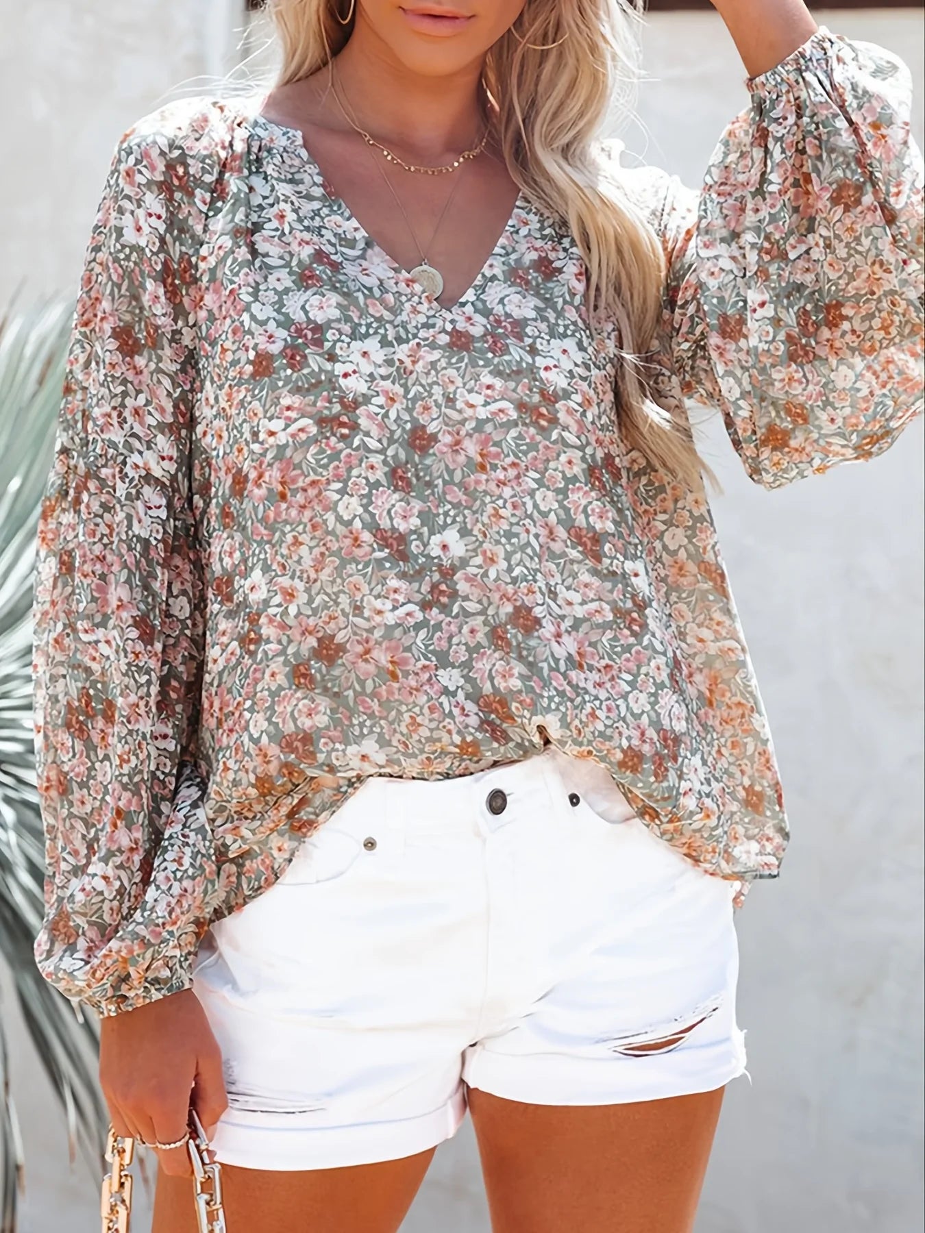 Casual V-Neck Floral Print Long Sleeve Blouse