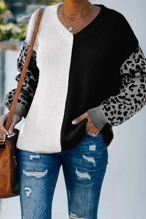 V-neck Leopard Splice Sleeve Color Block Sweater