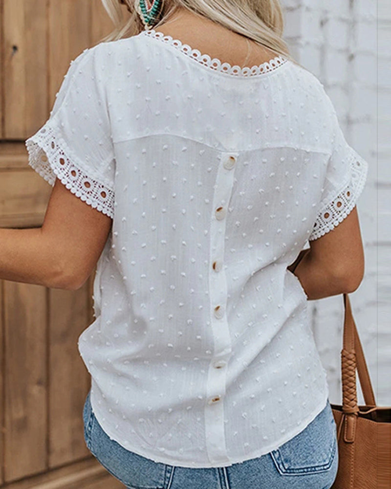 Swiss Dot Pattern Contrast Lace Hollow Out Blouse