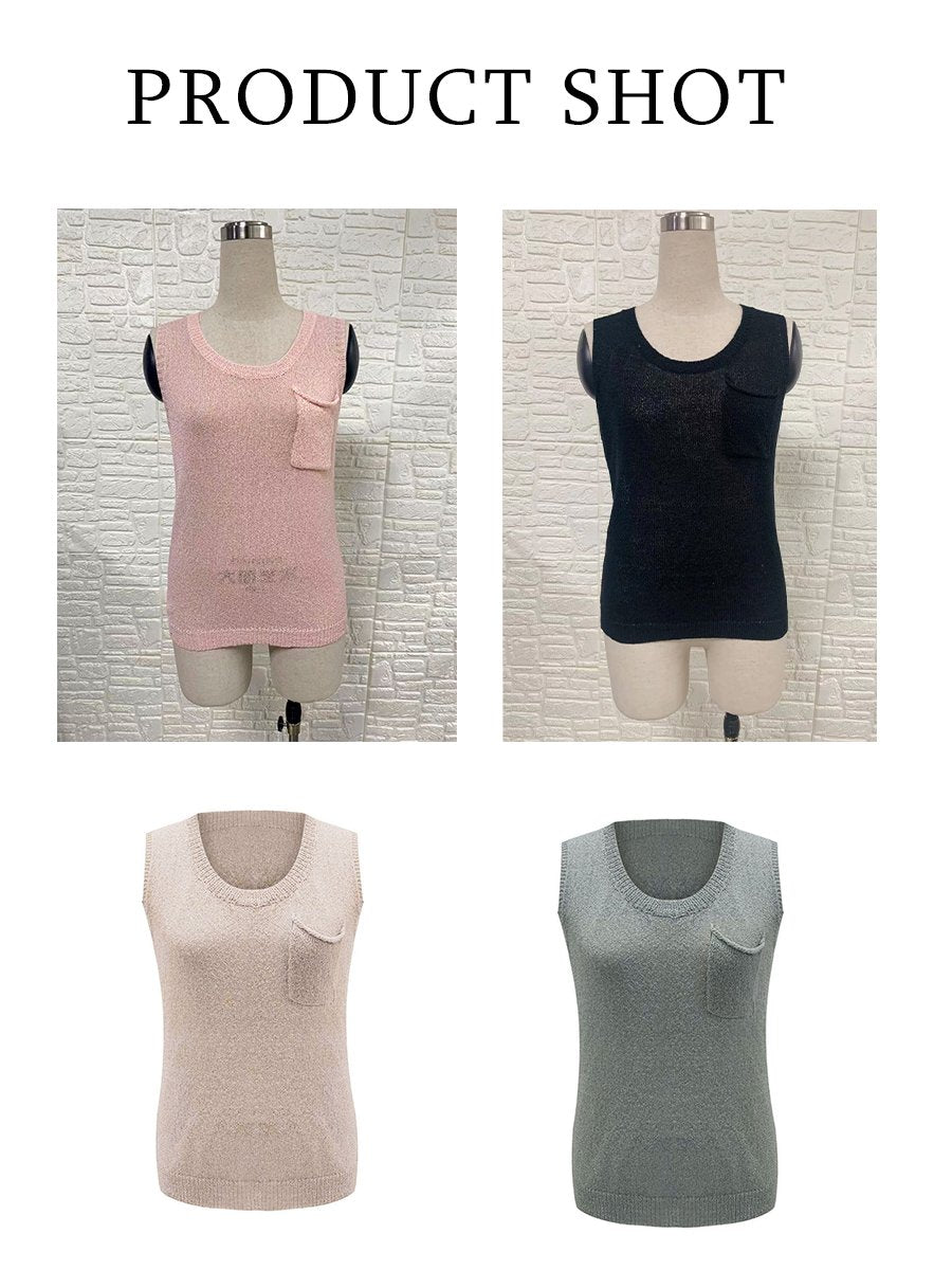 Casual Crew Neck Tank Top with Front Pocket