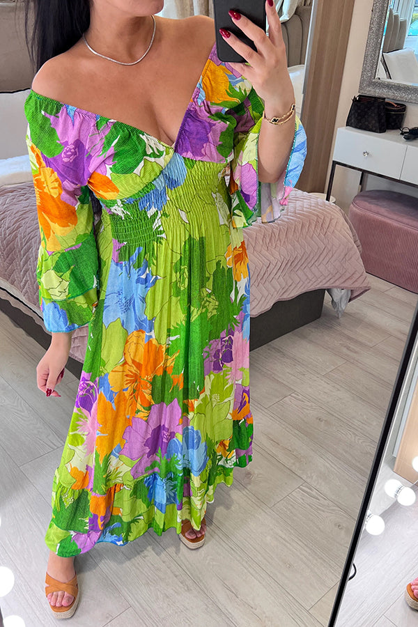 Petal Multi Green Bold Floral Print Ruffle Hem Maxi Dress