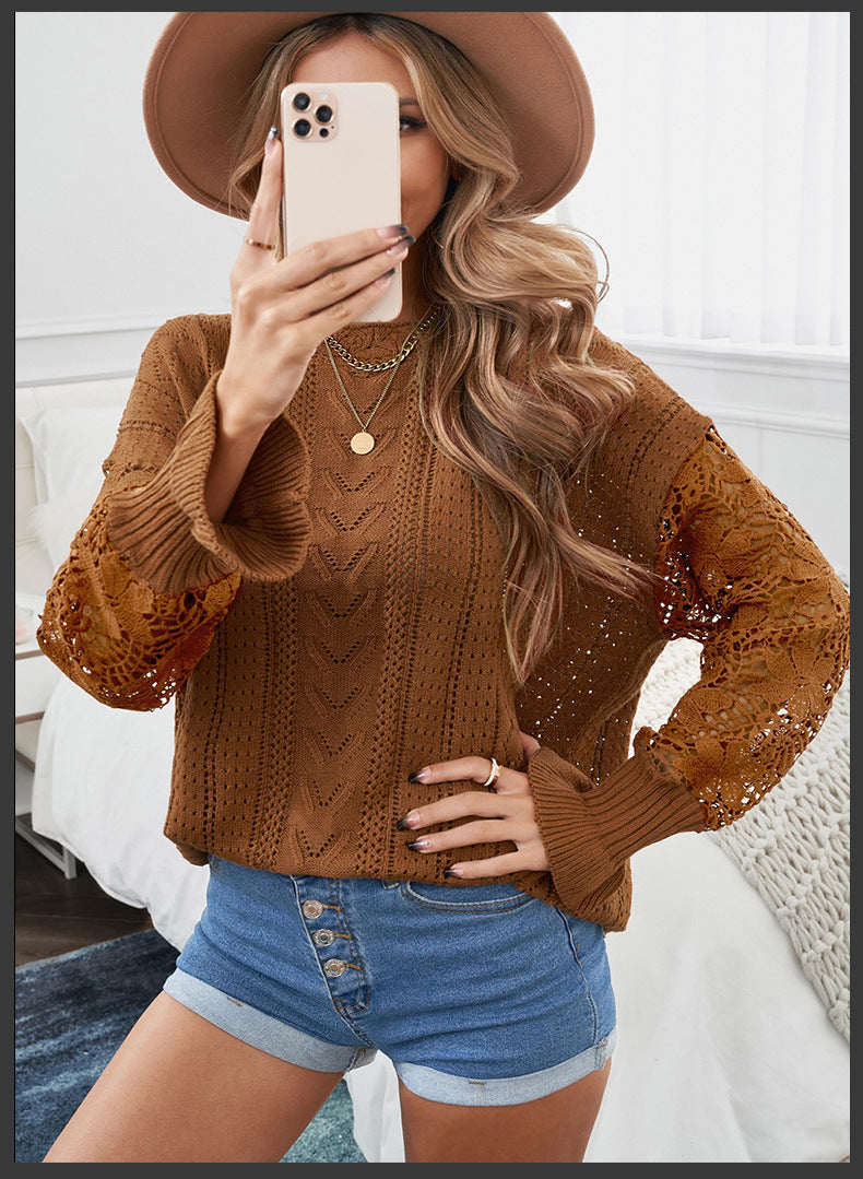 Lace Knit Long Sleeve Solid Color Loose Sweater