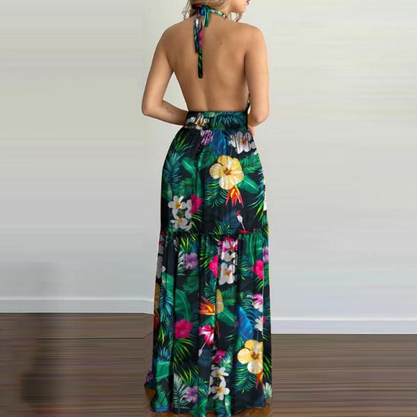 Double Sphaghetti Strap Sleeveless Backless Floral Maxi Dress