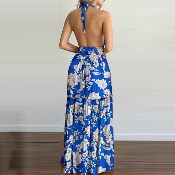 Double Sphaghetti Strap Sleeveless Backless Floral Maxi Dress