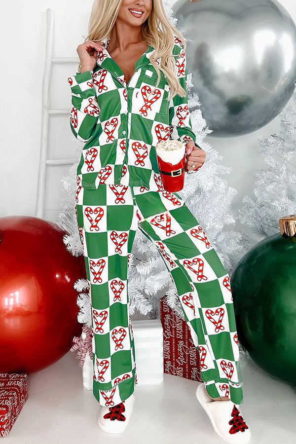 On Christmas Morning Candy Cane Printed Elastic Waist Pocketed Pajama Set