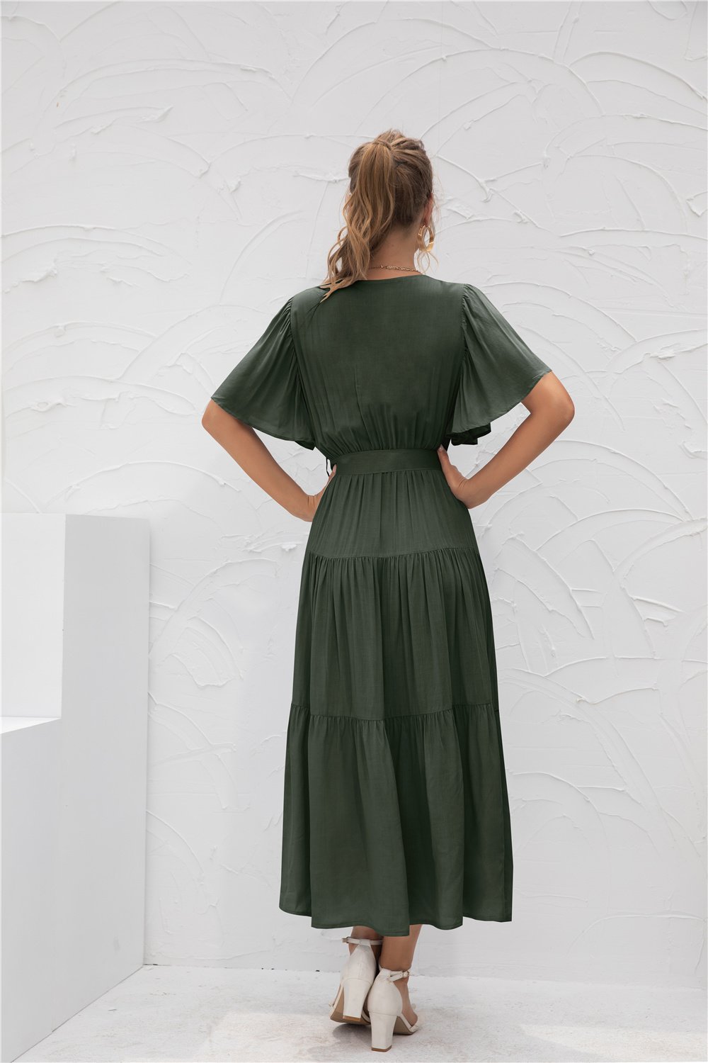 Short Sleeve V Neck Flowy Waist Wrap Maxi Dress