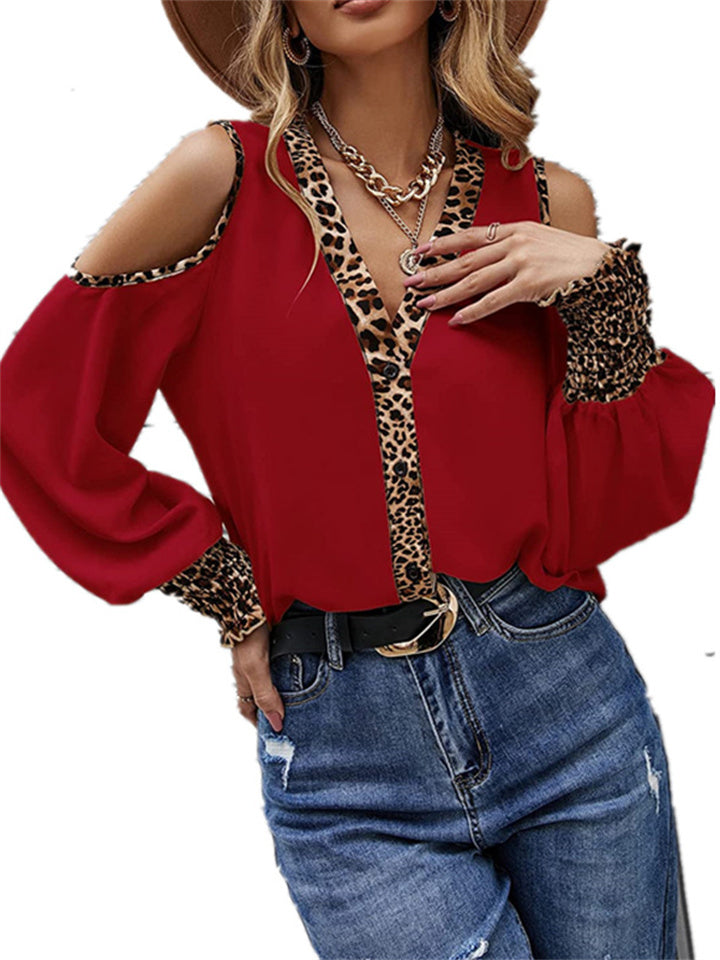 New Leopard Print Color Blocking Splicing V-neck Button Strapless Fight Long Lantern Sleeves Loose Type Tops Elegant Wind T-shirt Women